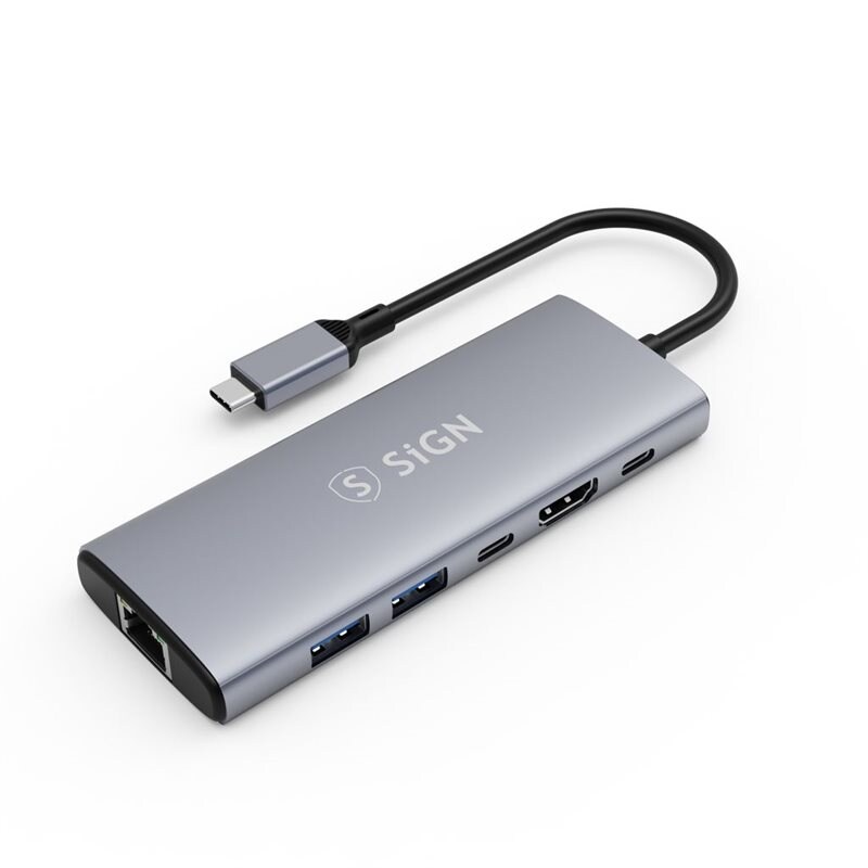 SiGN 6-i-1 hubb USB-C til 2x USB-A + Ethernet + DMI + USB-C + PD Grå