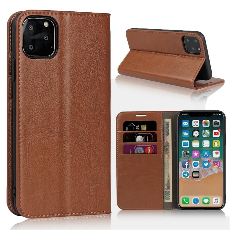 Mobiletui Ekte Lær iPhone 11 Pro Brun - Tynn etui med kortlomme og støttefunksjon