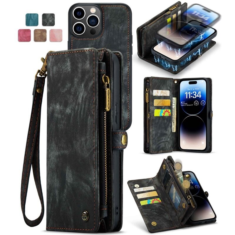 CaseMe Multi-slot Lommeboksetui iPhone 12 Pro Max Grå - Mobildeksel med ekstra mange kortplasser - Kortholder