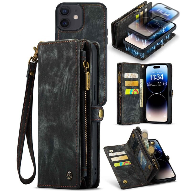 CaseMe Multi-slot Lommeboksetui iPhone 12/iPhone 12 Pro Grå - Mobildeksel med ekstra mange kortplasser - Kortholder