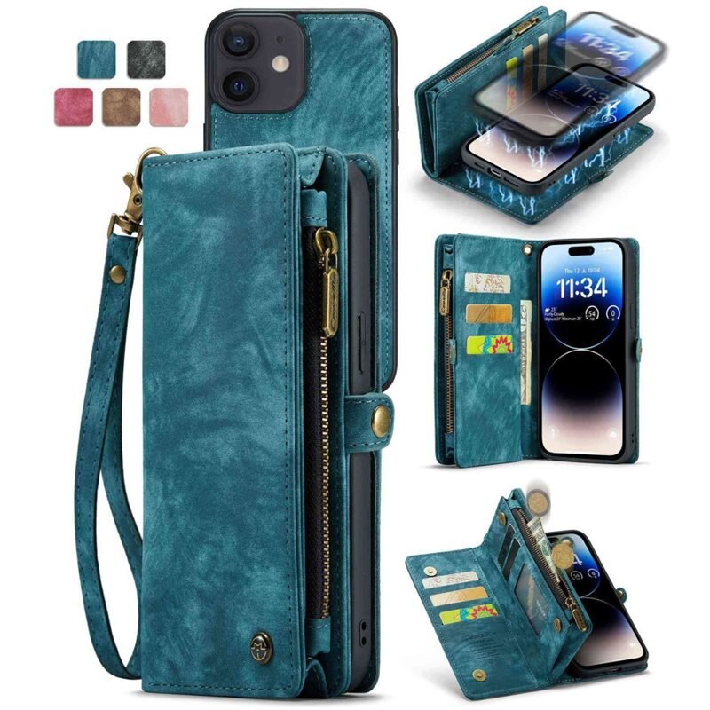 CaseMe Multi-slot Lommeboksetui iPhone 12/iPhone 12 Pro Blå - Mobildeksel med ekstra mange kortplasser - Kortholder