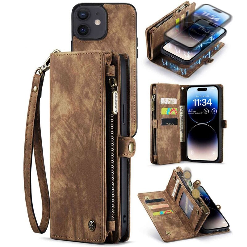 CaseMe Multi-slot Lommeboksetui iPhone 12/iPhone 12 Pro Brun - Mobildeksel med ekstra mange kortplasser - Kortholder