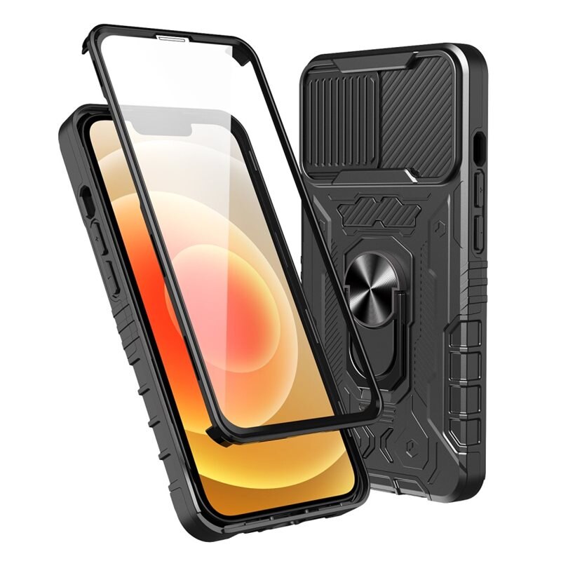 Tactical Full Protection Case iPhone 13 Black - Robust tolagsdeksel med herdet glasskjerm, kamerabeskyttelse og fingerbøyle
