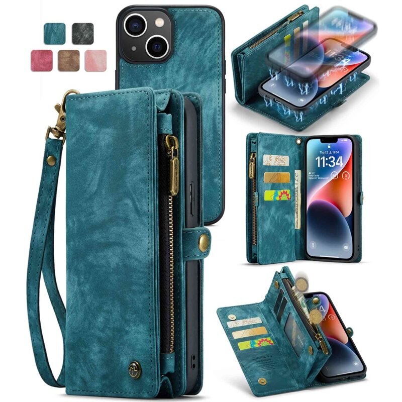 CaseMe Multi-slot Lommeboksetui iPhone 13 Mini Blå - Mobildeksel med ekstra mange kortplasser - Kortholder