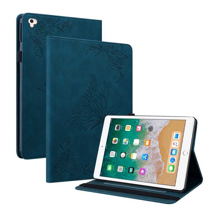 Lærveske Sommerfugler Apple iPad 9.7 5th Gen (2017) Blå - Fint nettbrettfutteral med mønster