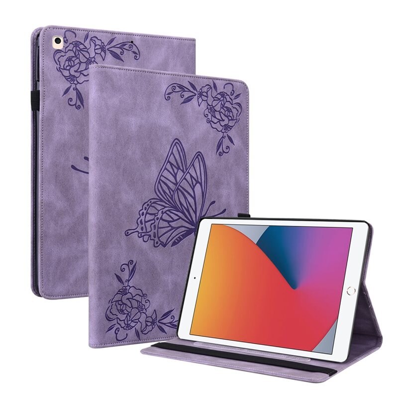 Lærveske Sommerfugler Apple iPad 10.2 8th Gen (2020) Lilla - Fint nettbrettfutteral med mønster