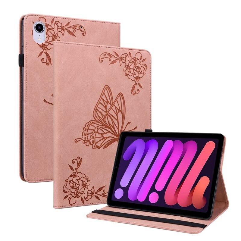 Lærveske Sommerfugler Apple iPad Mini 6th Gen (2021) Rosa - Fint nettbrettfutteral med mønster