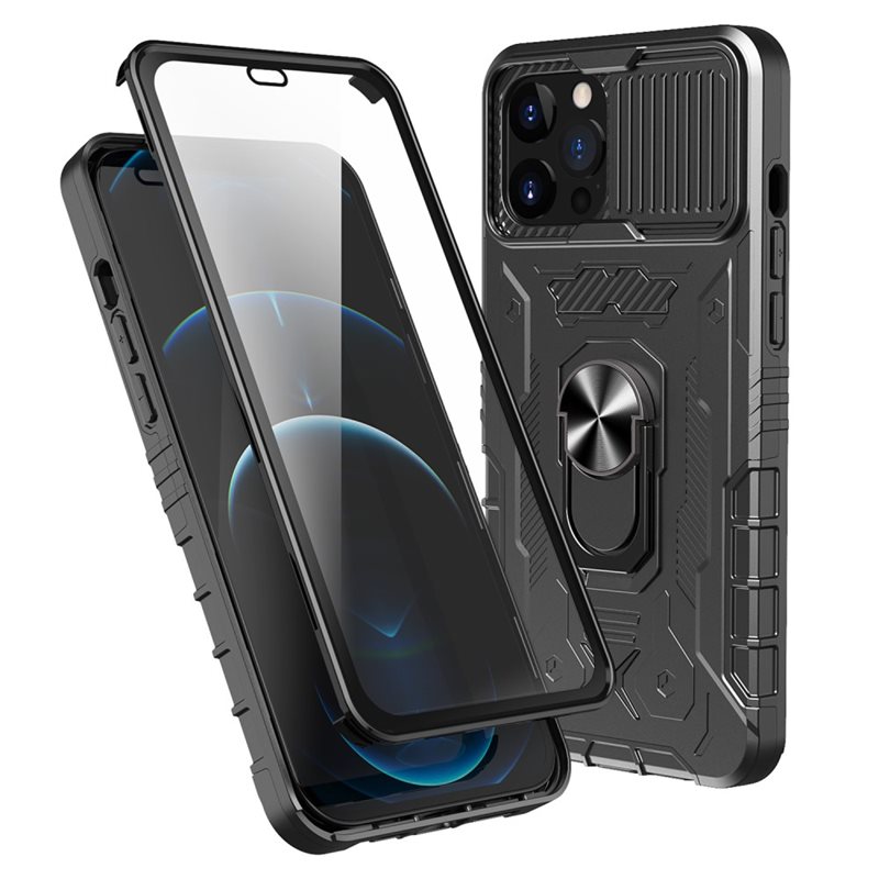 Tactical Full Protection Case iPhone 12/12 Pro Black - Robust tolagsdeksel med herdet glasskjerm, kamerabeskyttelse og fingerbøyle