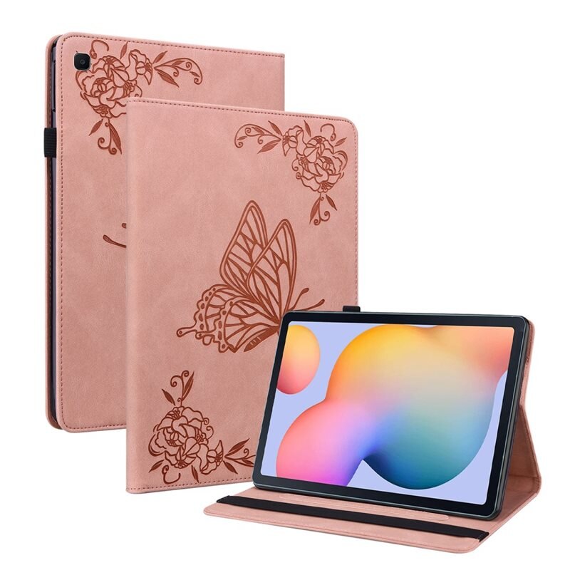 Lærveske Sommerfugler Samsung Galaxy Tab S6 Lite Rosa - Fint nettbrettfutteral med mønster