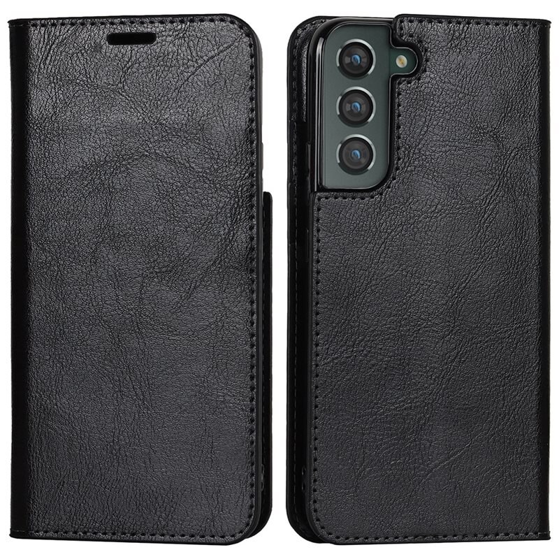 Mobiletui Ekte Lær Samsung Galaxy S22 Plus Svart - Tynn etui med kortlomme og støttefunksjon