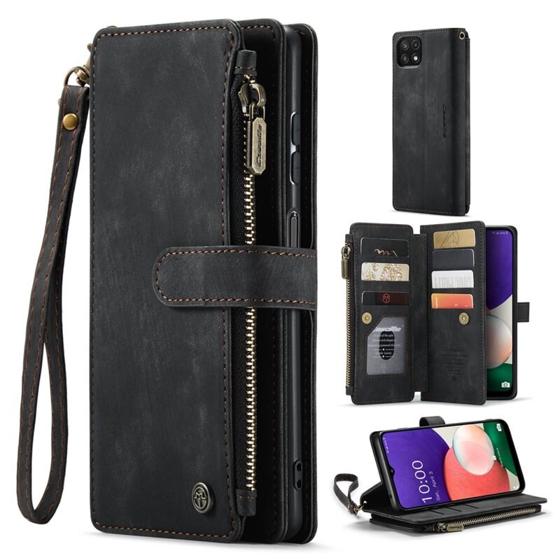 CaseMe Zipper Wallet Samsung Galaxy A22 5G Svart - Mobildeksel med innebygd lommebok, myntlomme og seddellomme