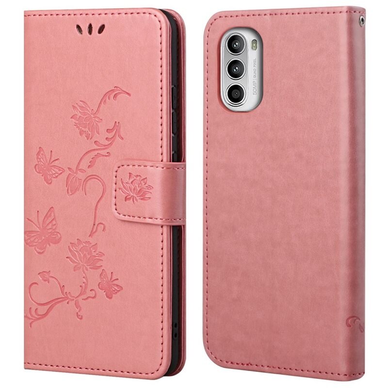 Lærveske Sommerfugler Motorola Moto E32 Rosa - Fint lommeboketui med mønster