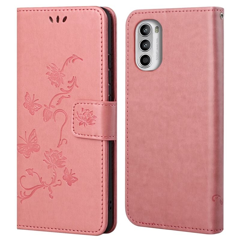 Lærveske Sommerfugler Motorola Moto G52 Rosa - Fint lommeboketui med mønster