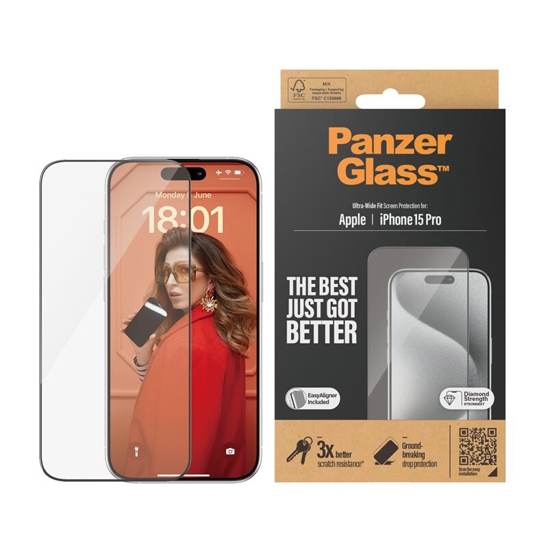 PanzerGlass iPhone 15 Pro Screen Protector (with EasyAligner) Ultra Wide Fit - Herdet glass skjermbeskytter med monteringsramme - Enkel installasjon