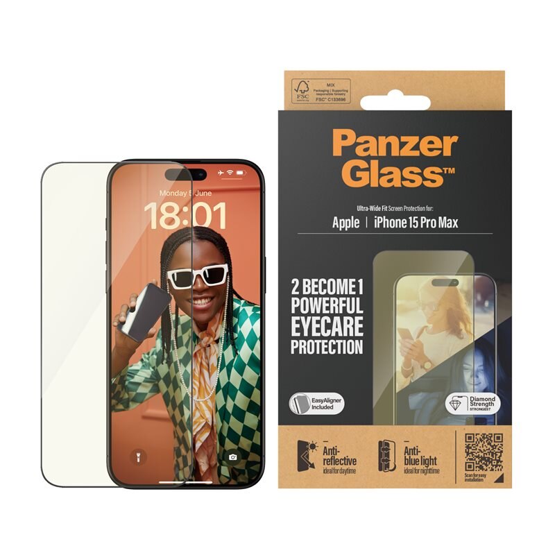 PanzerGlass iPhone 15 Pro Max Eyecare Skjermbeskytter (with EasyAligner) Ultra Wide Fit
