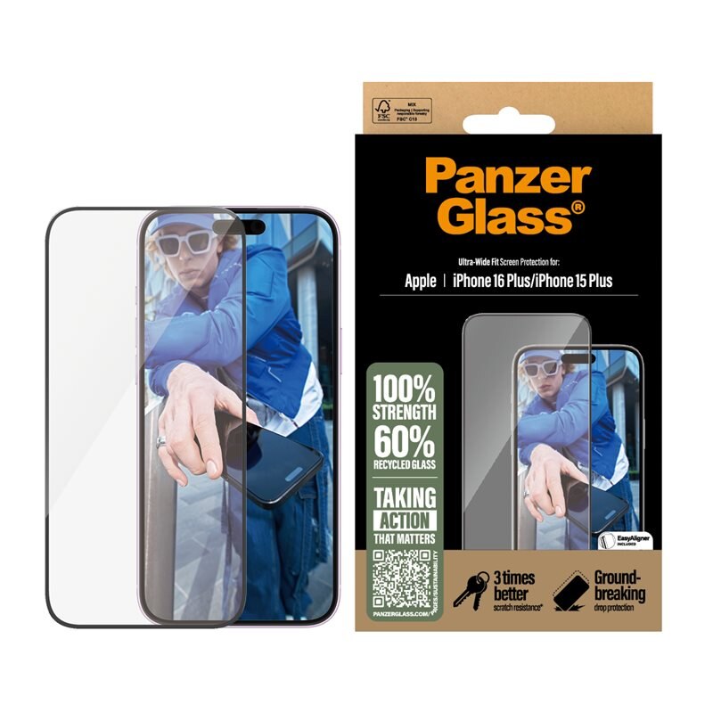 PanzerGlass iPhone 16 Plus Screen Protector (with EasyAligner) Ultra Wide Fit - Herdet glass skjermbeskytter med monteringsramme - Enkel installasjon