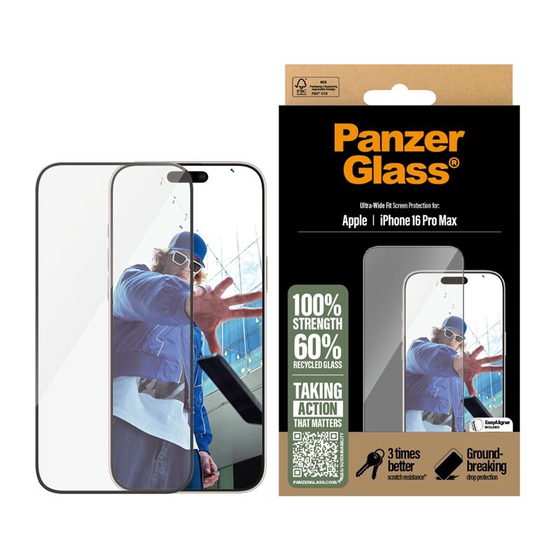 PanzerGlass iPhone 16 Pro Max Screen Protector (with EasyAligner) Ultra Wide Fit - Herdet glass skjermbeskytter med monteringsramme - Enkel