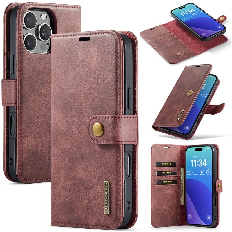 DG.MING Magnet Wallet iPhone 16 Pro Red - Stilrent lær-etui med avtagbart magnetisk deksel
