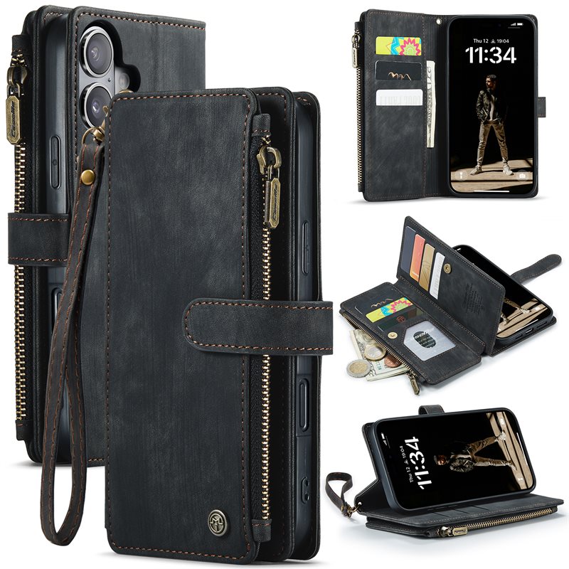 CaseMe Zipper Wallet iPhone 16 Plus Svart - Mobildeksel med innebygd lommebok, myntlomme og seddellomme