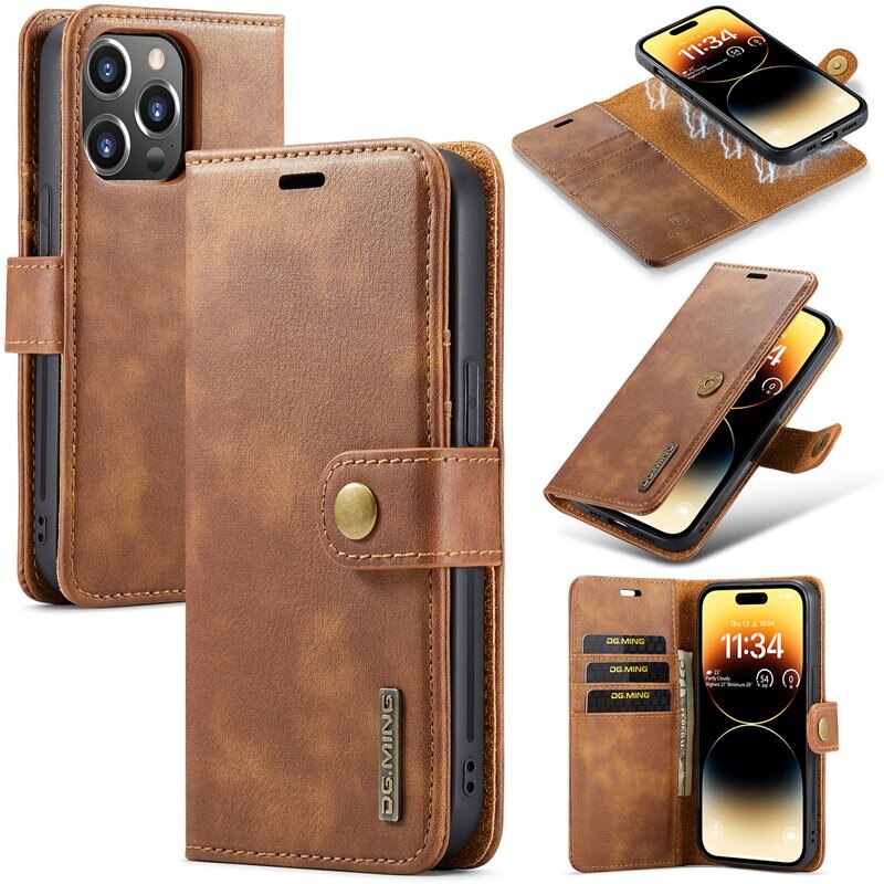 DG.MING Magnet Wallet iPhone 14 Pro Max Cognac - Stilrent lær-etui med avtagbart magnetisk deksel