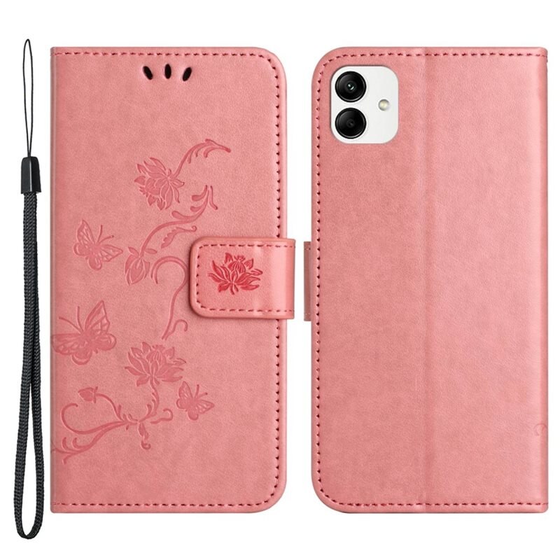 Lærveske Sommerfugler Samsung Galaxy A04 Rosa - Fint lommeboketui med mønster