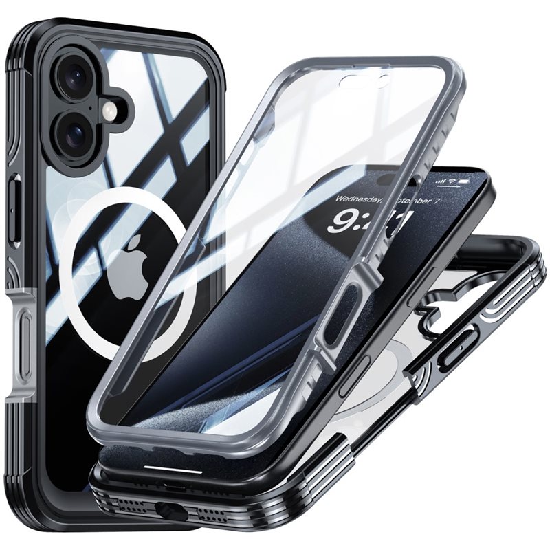 Premium Full Protection Case iPhone 16 Plus Black - Heldekkende deksel med herdet glass skjermbeskyttelse