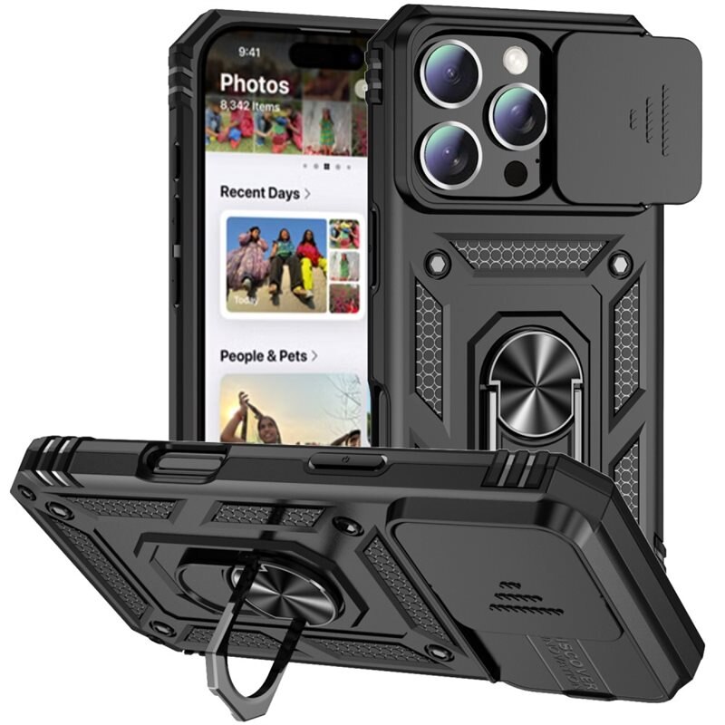 Hybriddeksel Ring + Kamerabeskyttelse iPhone 16 Pro Max Svart - Kul deksel med kamerahull