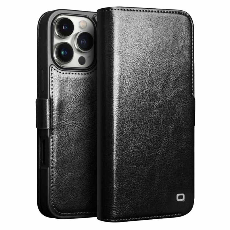 Qialino iPhone 16 Pro Max Leather Wallet Case Black - Lommebokdeksel