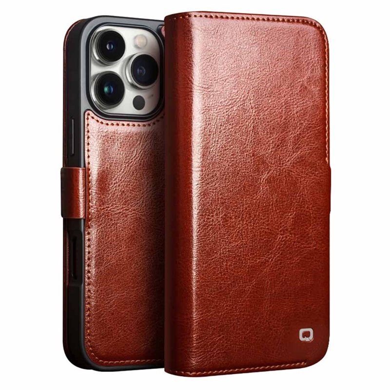 Qialino iPhone 16 Pro Max Leather Wallet Case Brown - Lommebokdeksel