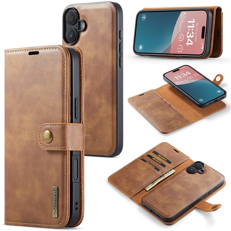 DG.MING Magnet Wallet iPhone 16 Plus Cognac - Stilrent lær-etui med avtagbart magnetisk deksel