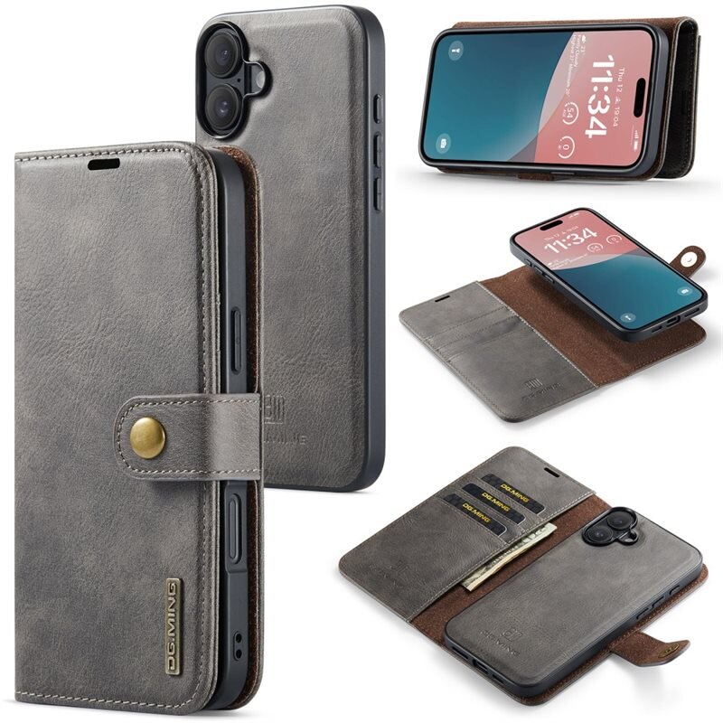 DG.MING Magnet Wallet iPhone 16 Brown - Stilrent lær-etui med avtagbart magnetisk deksel