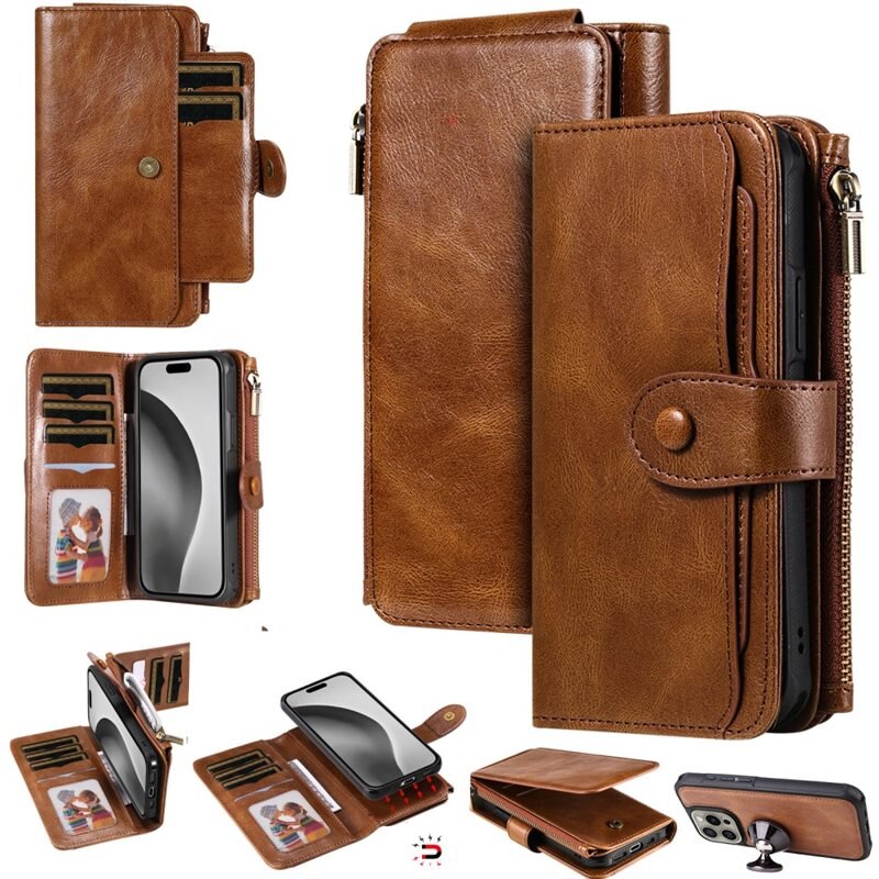 Magnet Leather Multi-Wallet iPhone 16 Pro brun - Avtagbart magnetisk deksel - Allsidig lommebokbeskyttelse