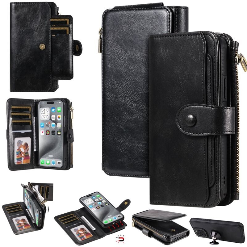 Magnet Leather Multi-Wallet iPhone 16 Pro Max svart - Avtagbart magnetisk deksel - Allsidig lommebokbeskyttelse