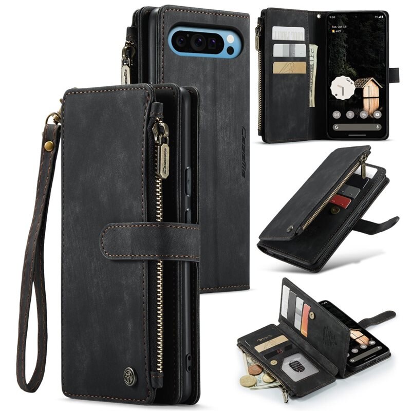 CaseMe Zipper Wallet Google Pixel 9 Pro XL Svart - Mobildeksel med innebygd lommebok, myntlomme og seddellomme