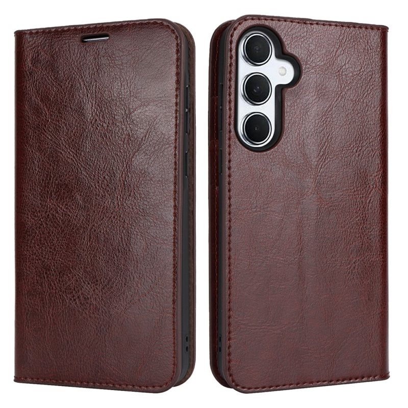 Mobiletui Ekte Lær Samsung Galaxy A25 Mørkbrun - Tynn etui med kortlomme og støttefunksjon