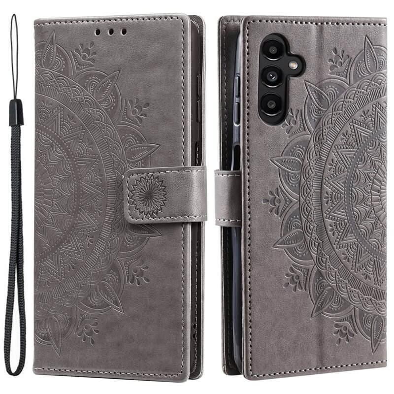 Lærveske Mandala Samsung Galaxy S25 grå - Fint lommeboketui med mønster