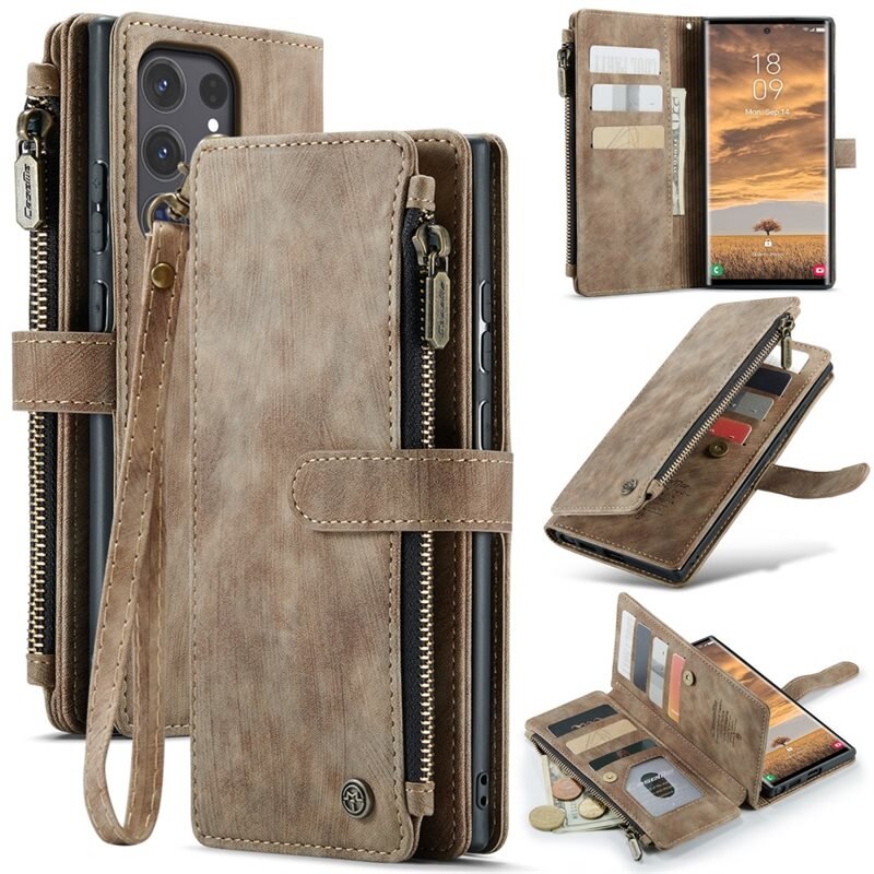 CaseMe Zipper Wallet Samsung Galaxy S25 Ultra Brun - Mobildeksel med innebygd lommebok, myntlomme og seddellomme