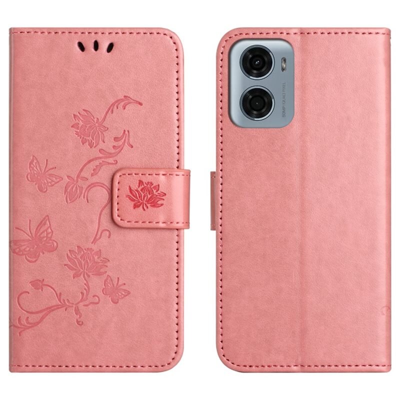 Lærveske Sommerfugler Motorola Moto G05 Rosa - Fint lommeboketui med mønster