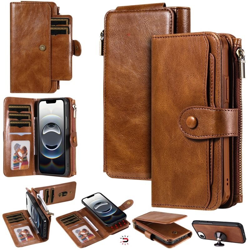 Magnet Leather Multi-Wallet iPhone 16e Brun - Avtagbart magnetisk deksel - Allsidig lommebokbeskyttelse