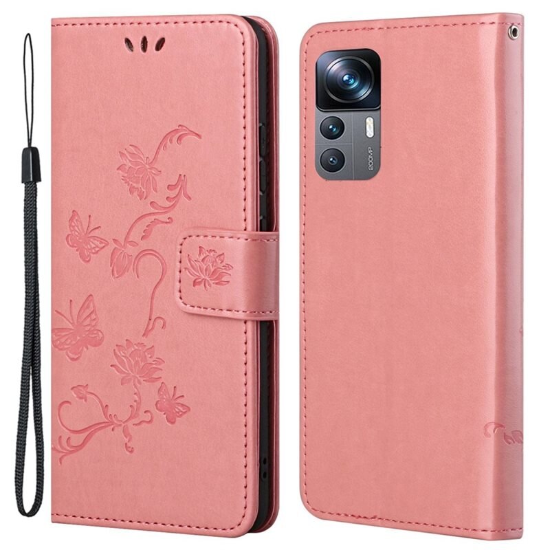 Lærveske Sommerfugler Xiaomi 12T/12T Pro Rosa - Fint lommeboketui med mønster