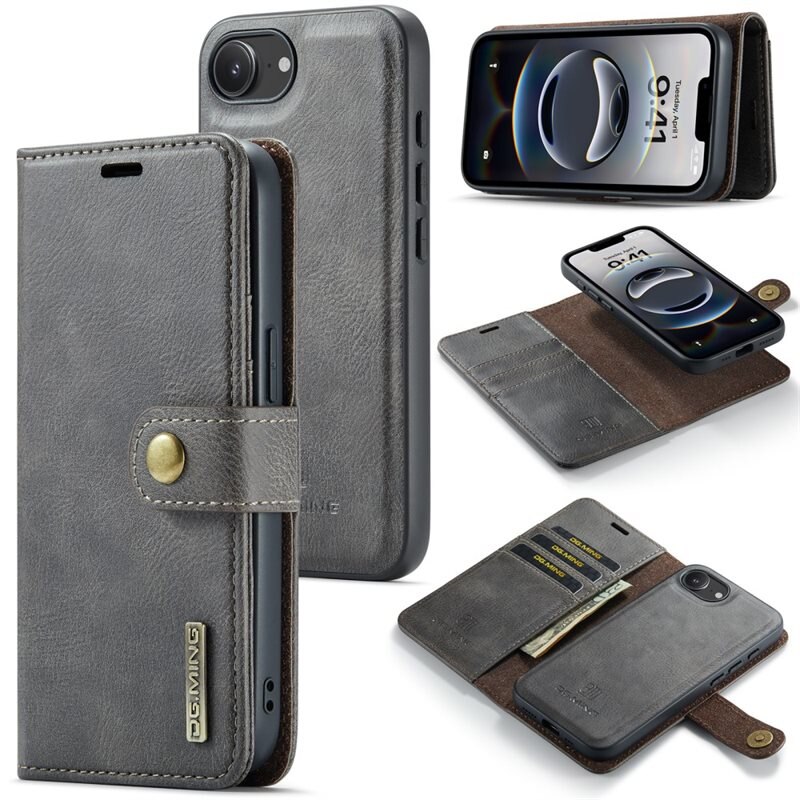 DG.MING Magnet Wallet iPhone 16e Brown - Stilrent lær-etui med avtagbart magnetisk deksel