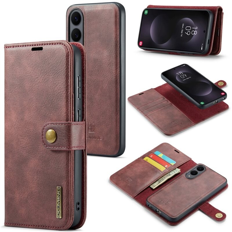 DG.MING Magnet Wallet Samsung Galaxy S25 Edge Red - Stilrent lær-etui med avtagbart magnetisk deksel