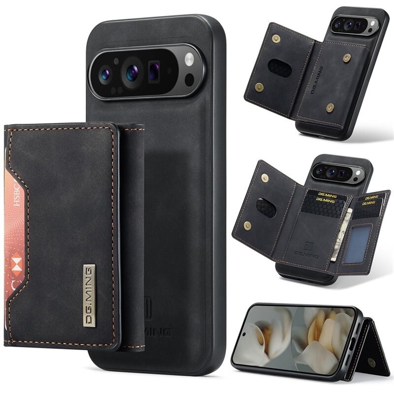 DG.MING Magnetic Card Slot Case Google Pixel 10 Pro XL Svart - Praktiskt lær-etui med avtagbar lommebok og stativfunksjon