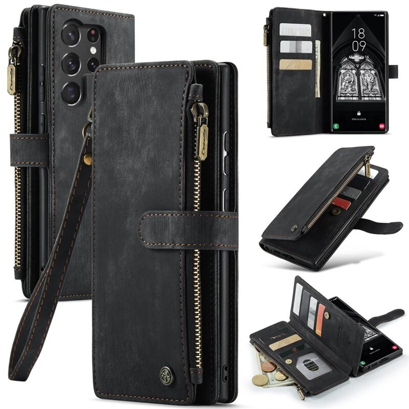 CaseMe Zipper Wallet Samsung Galaxy S23 Ultra Svart - Mobildeksel med innebygd lommebok, myntlomme og seddellomme