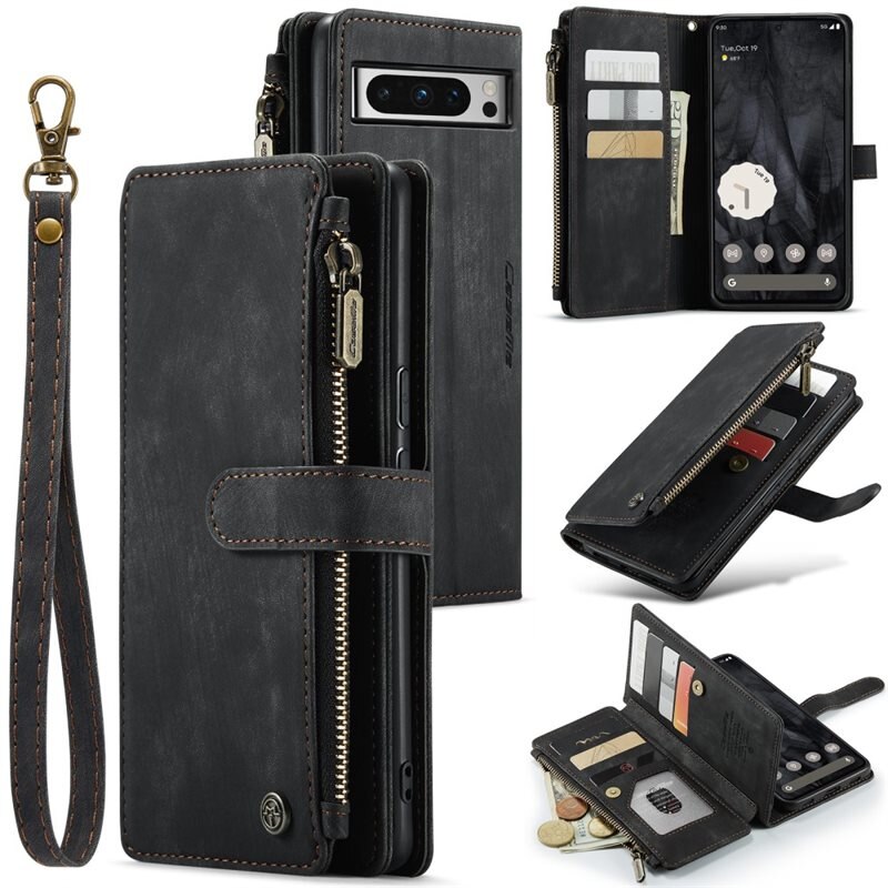 CaseMe Zipper Wallet Google Pixel 8a Svart - Mobildeksel med innebygd lommebok, myntlomme og seddellomme