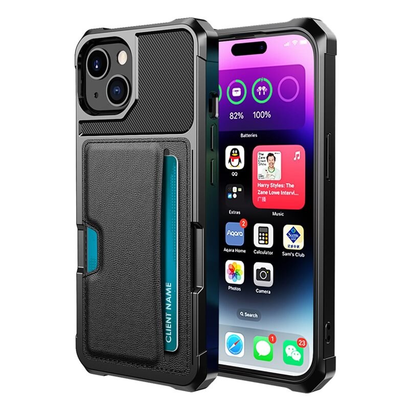 Tough Card Case iPhone 15 svart - Ekstra støtsikkert deksel med lett tilgjengelig kortlomme for mobiltelefon