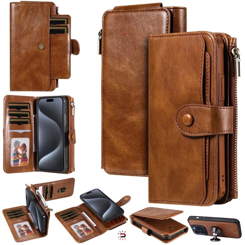 Magnet Leather Multi-Wallet iPhone 15 Pro brun - Avtagbart magnetisk deksel - Allsidig lommebokbeskyttelse