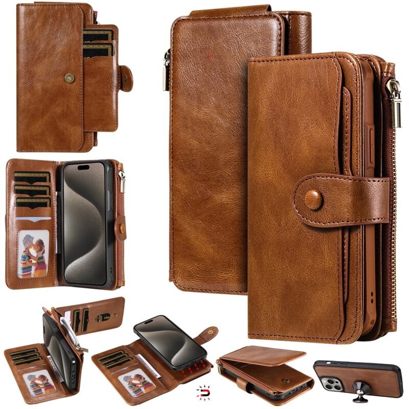 Magnet Leather Multi-Wallet iPhone 15 Pro Max brun - Avtagbart magnetisk deksel - Allsidig lommebokbeskyttelse
