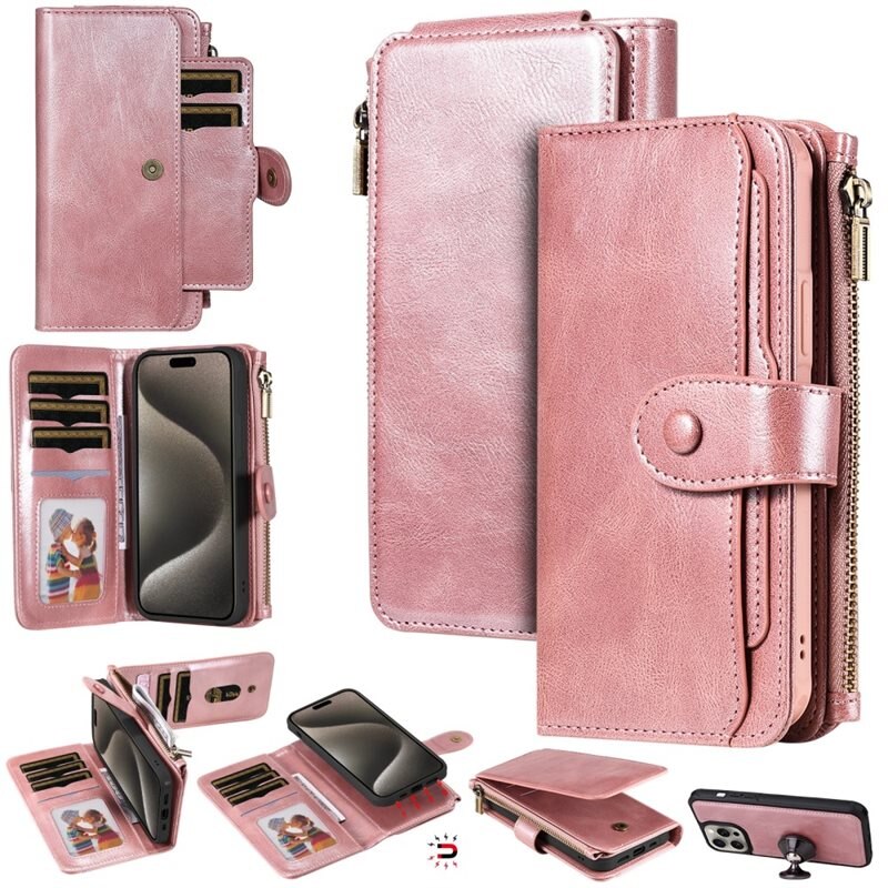 Magnet Leather Multi-Wallet iPhone 15 Pro Max rosa - Avtagbart magnetisk deksel - Allsidig lommebokbeskyttelse