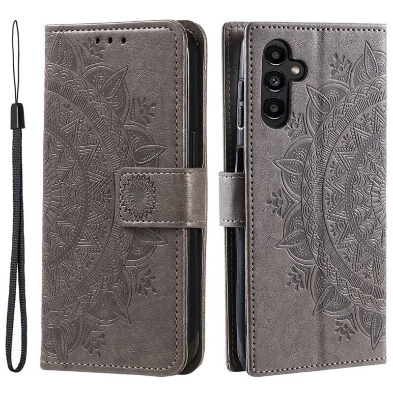 Lærveske Mandala Samsung Galaxy S24 grå - Fint lommeboketui med mønster
